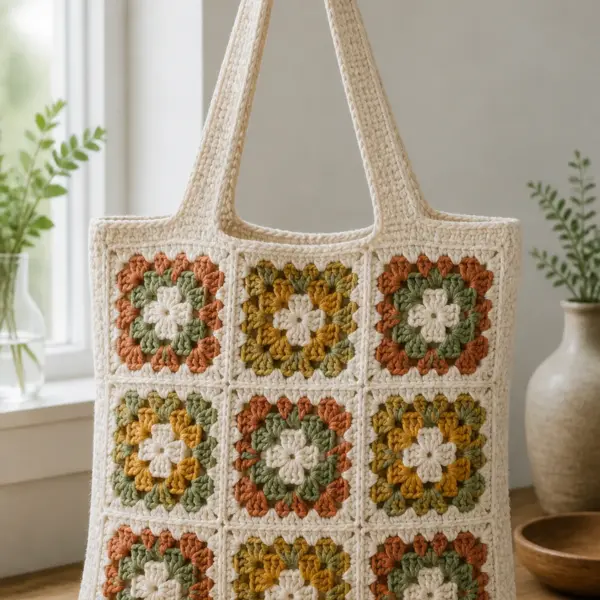Finished cream, terracotta, sage, and ochre classic granny-square tote with cream handles photographed in natural daylight