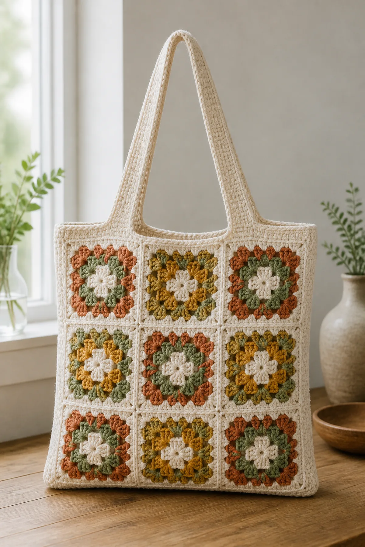 Finished cream, terracotta, sage, and ochre classic granny-square tote with cream handles photographed in natural daylight