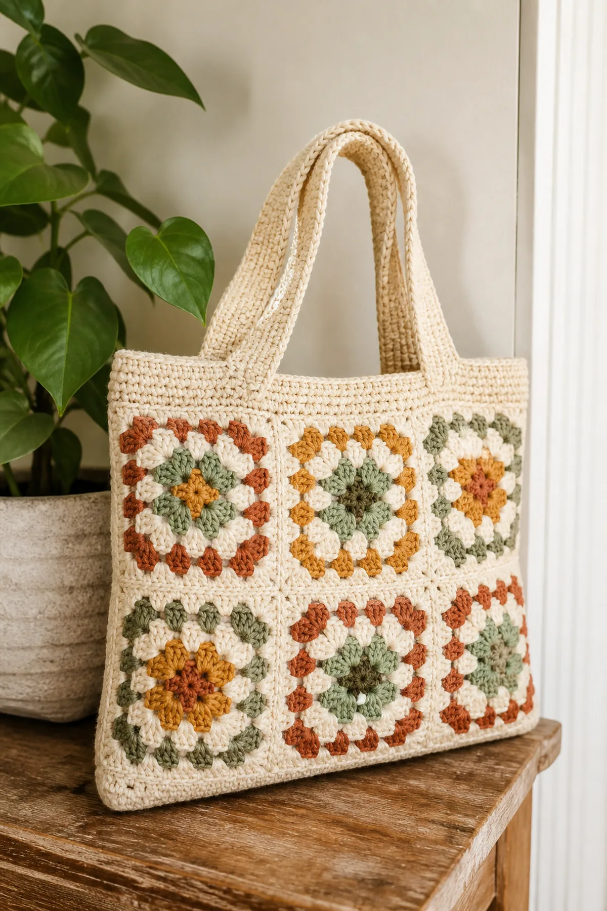 Completed crochet granny square tote bag styled in a clean finished setting