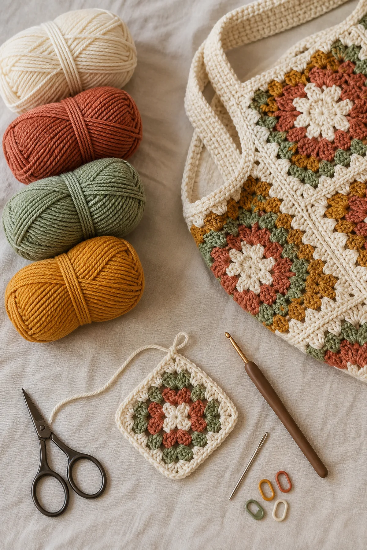Yarn, crochet hook, and notions arranged for the crochet granny square tote bag