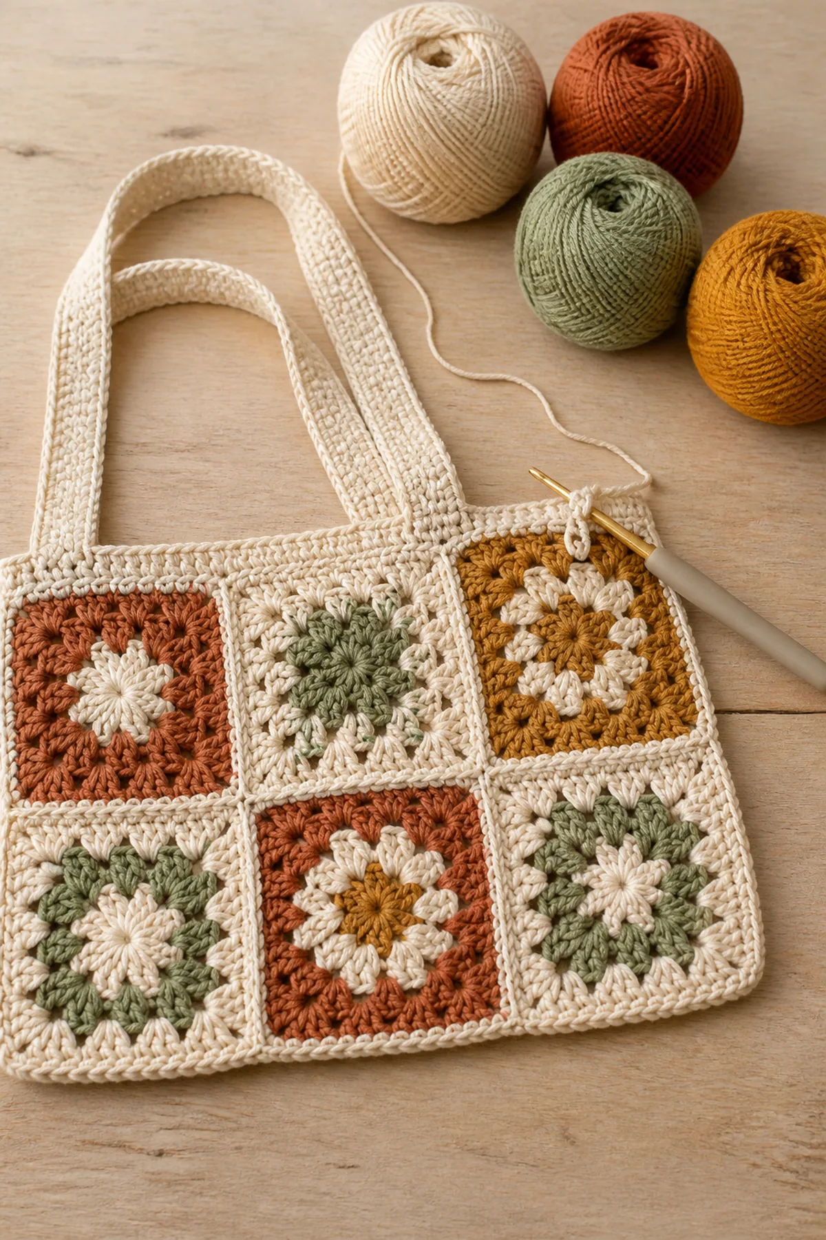 Early crochet construction stage of the crochet granny square tote bag