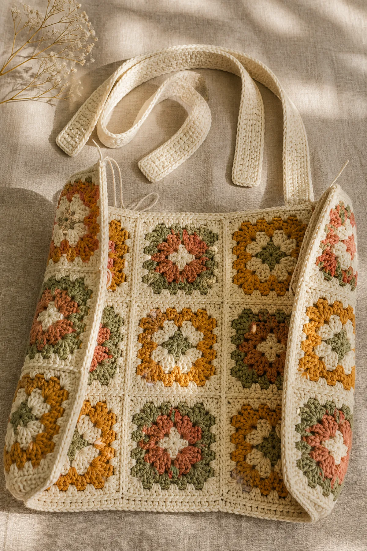 Later shaping and assembly stage of the crochet granny square tote bag