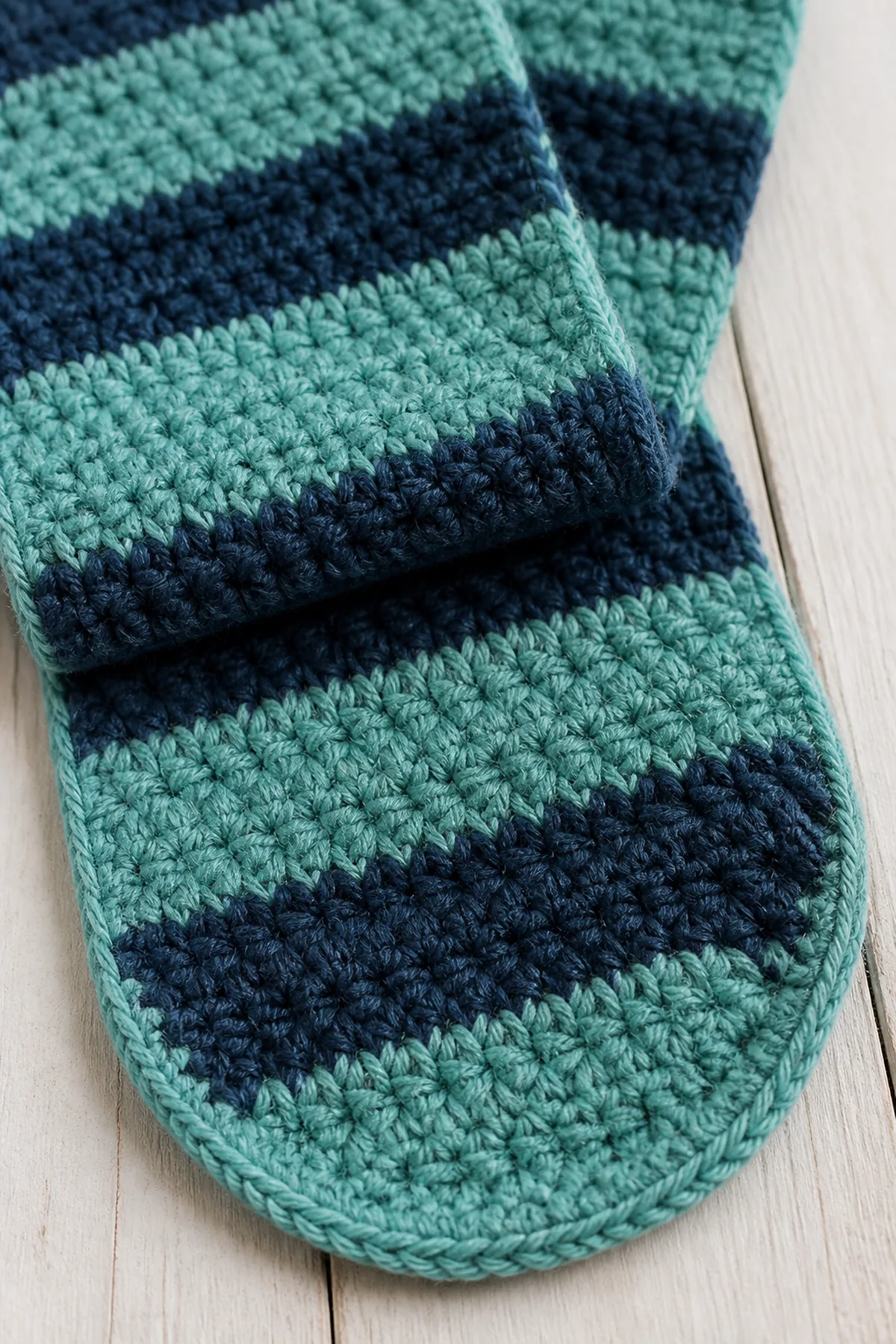 Close view of the stitches and finishing details on the easy crochet kids winter scarf