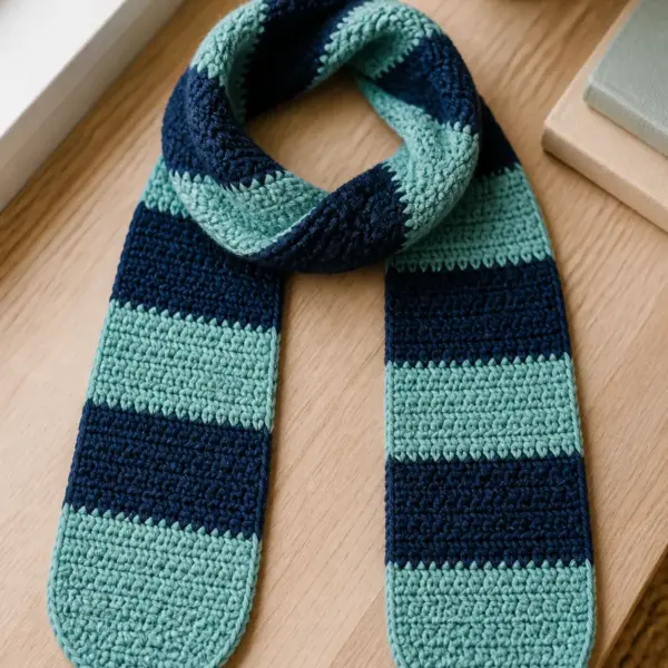 Finished soft teal and navy striped child-size scarf with rounded ends and no fringe photographed in natural daylight