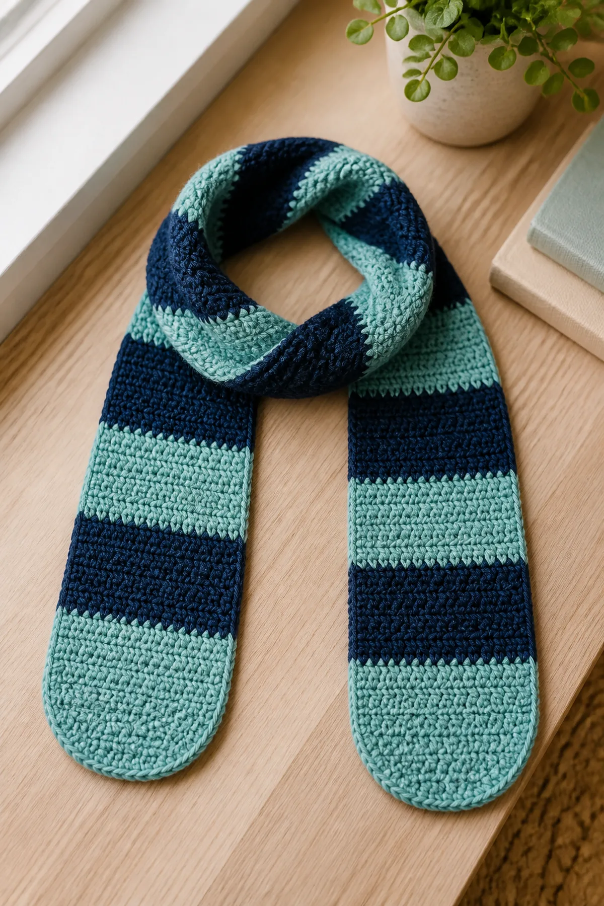 Finished soft teal and navy striped child-size scarf with rounded ends and no fringe photographed in natural daylight