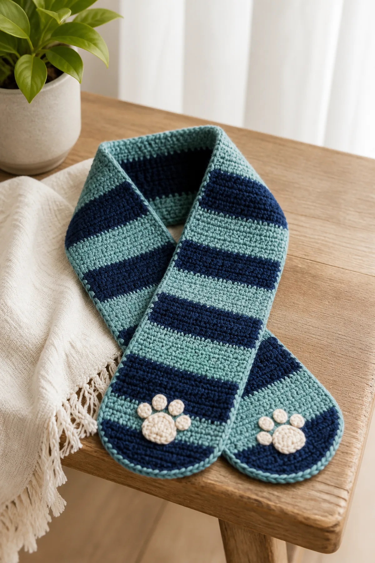 Completed easy crochet kids winter scarf styled in a clean finished setting