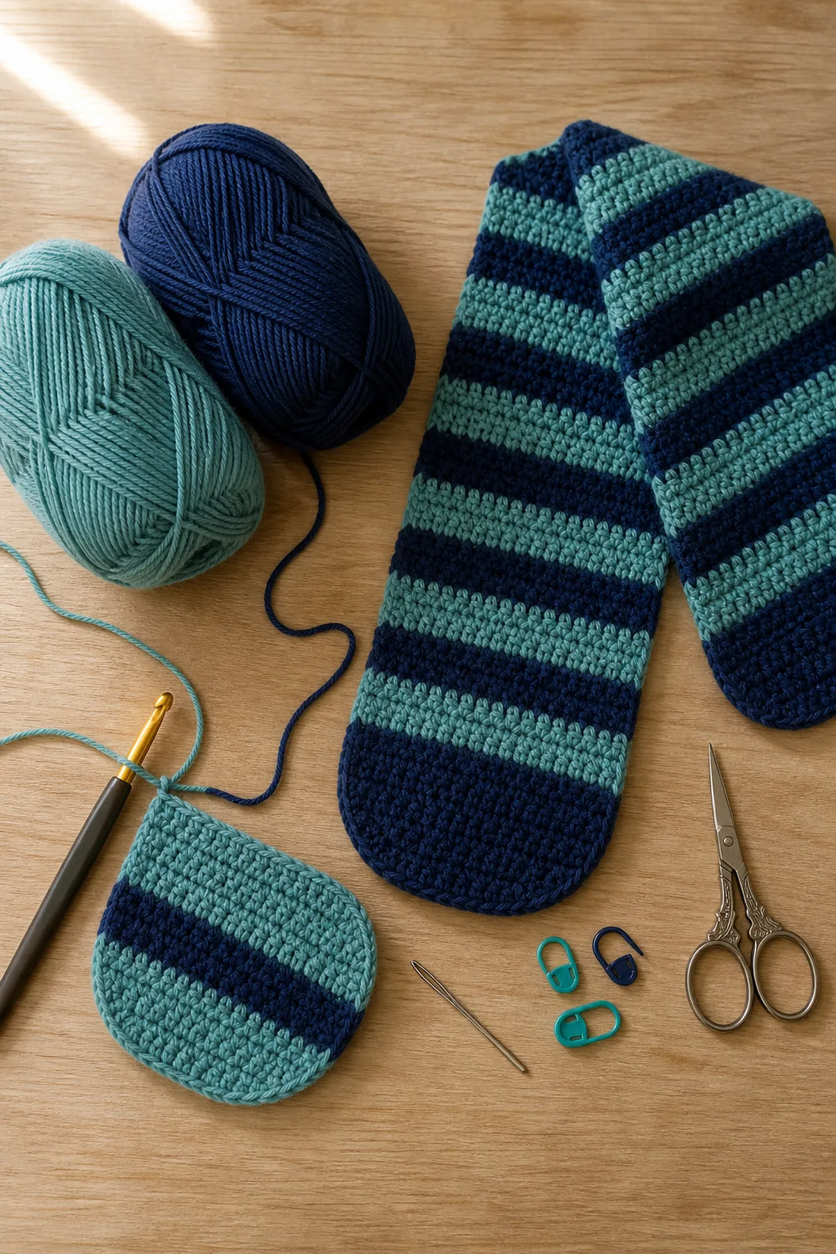 Yarn, crochet hook, and notions arranged for the easy crochet kids winter scarf