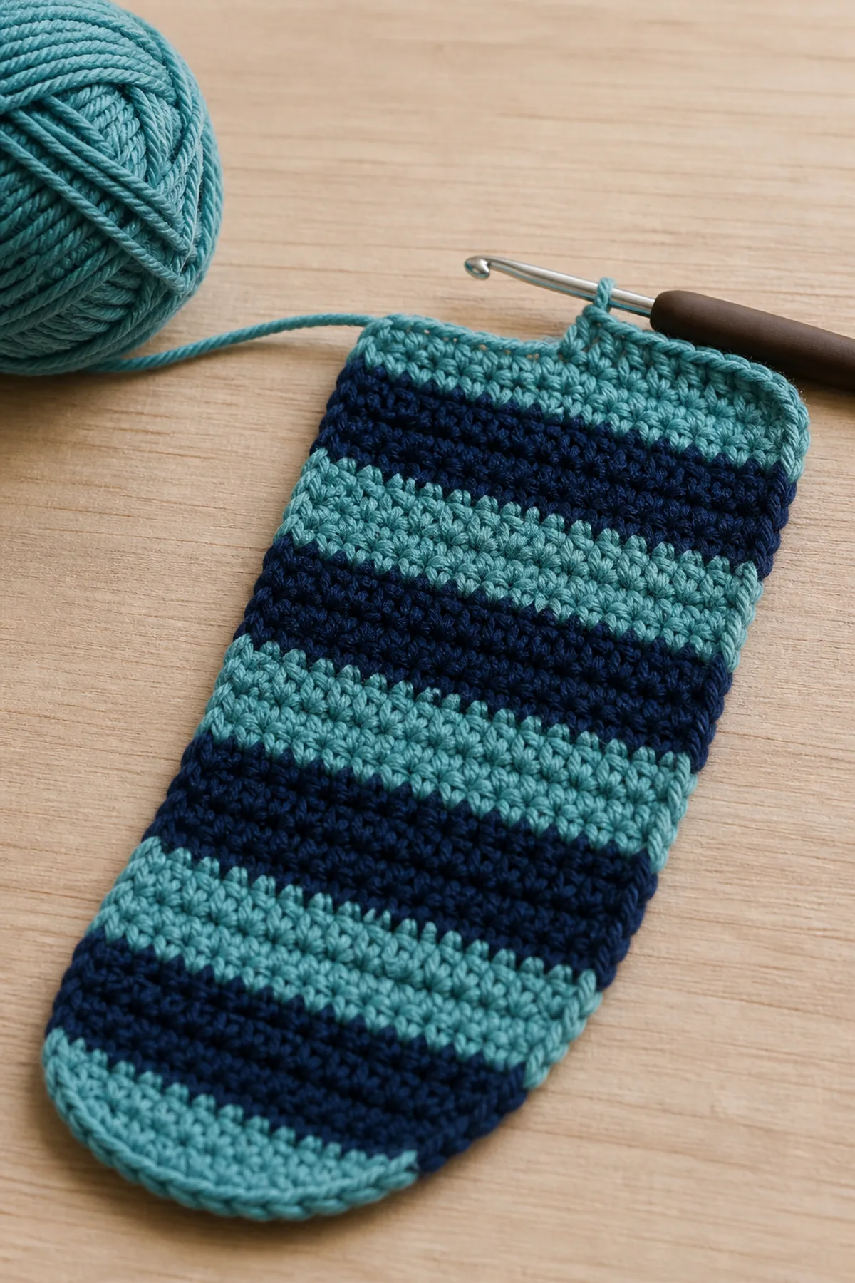 Early crochet construction stage of the easy crochet kids winter scarf