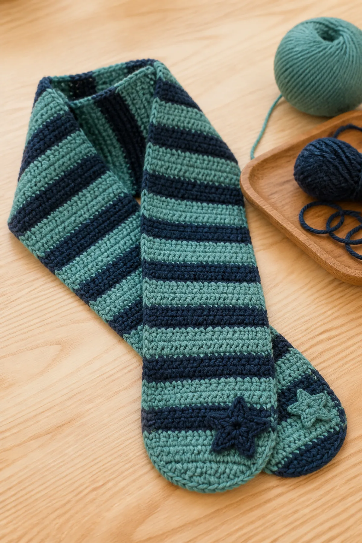 Later shaping and assembly stage of the easy crochet kids winter scarf