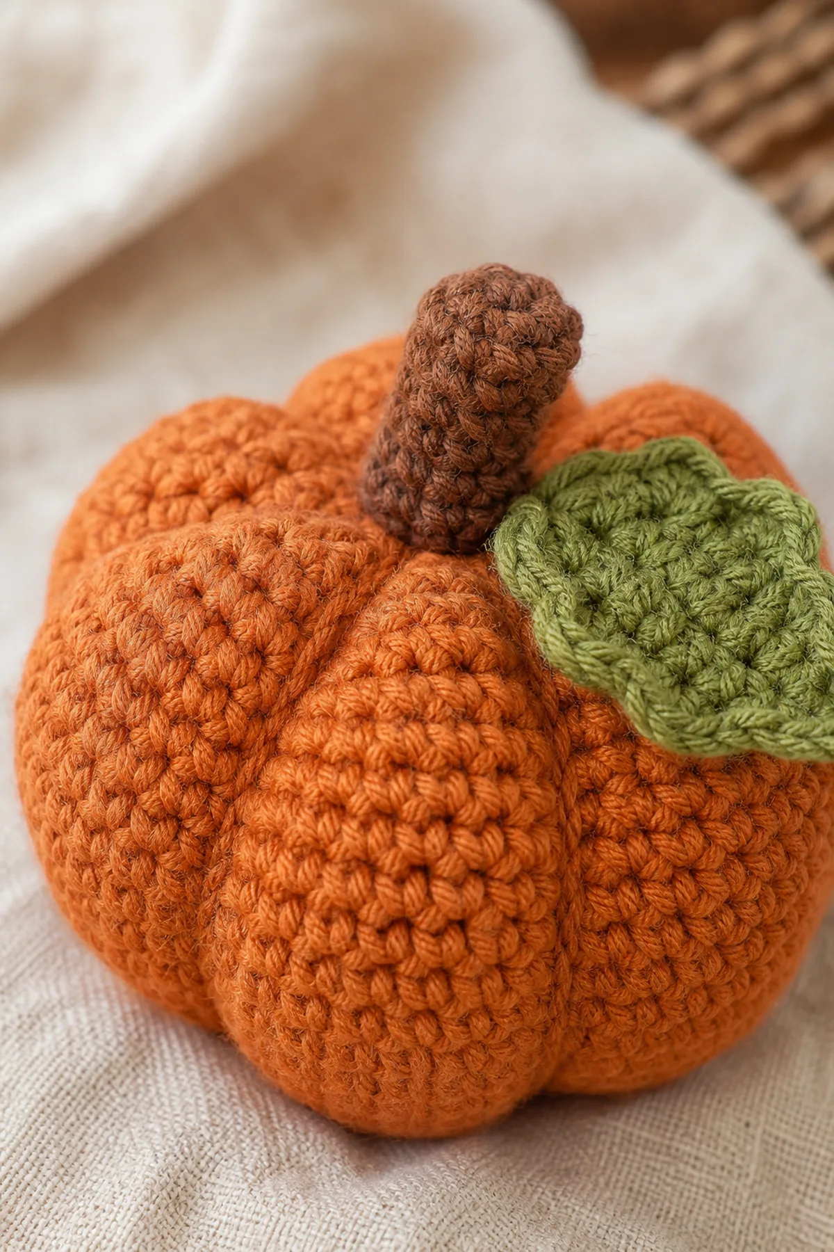 Close view of the stitches and finishing details on the crochet pumpkin amigurumi