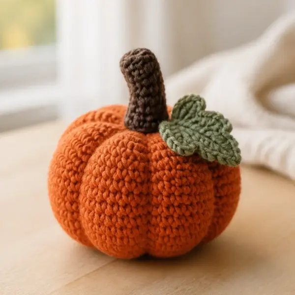 Finished burnt orange pumpkin with a cinnamon-brown stem and one muted olive leaf photographed in natural daylight