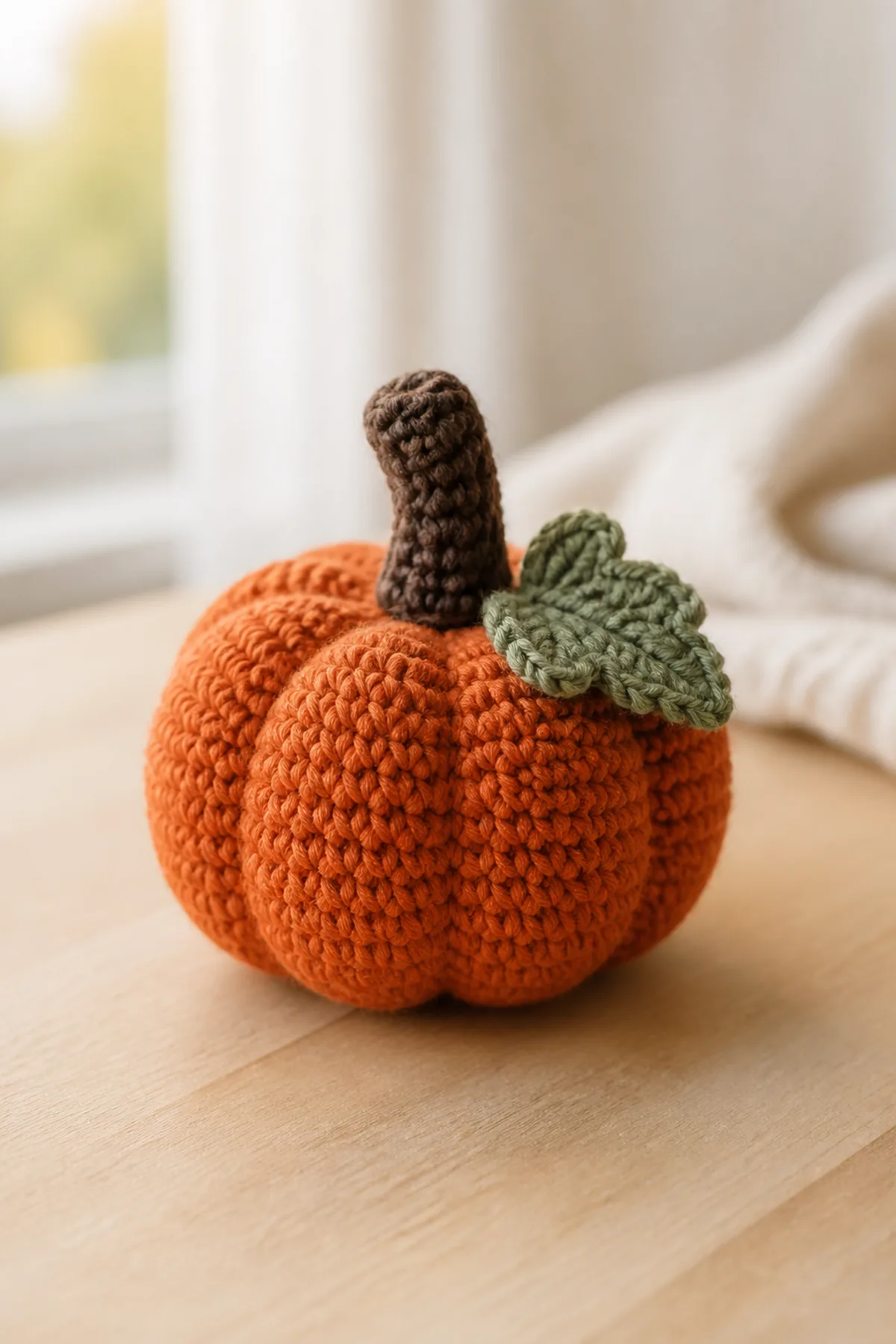 Finished burnt orange pumpkin with a cinnamon-brown stem and one muted olive leaf photographed in natural daylight