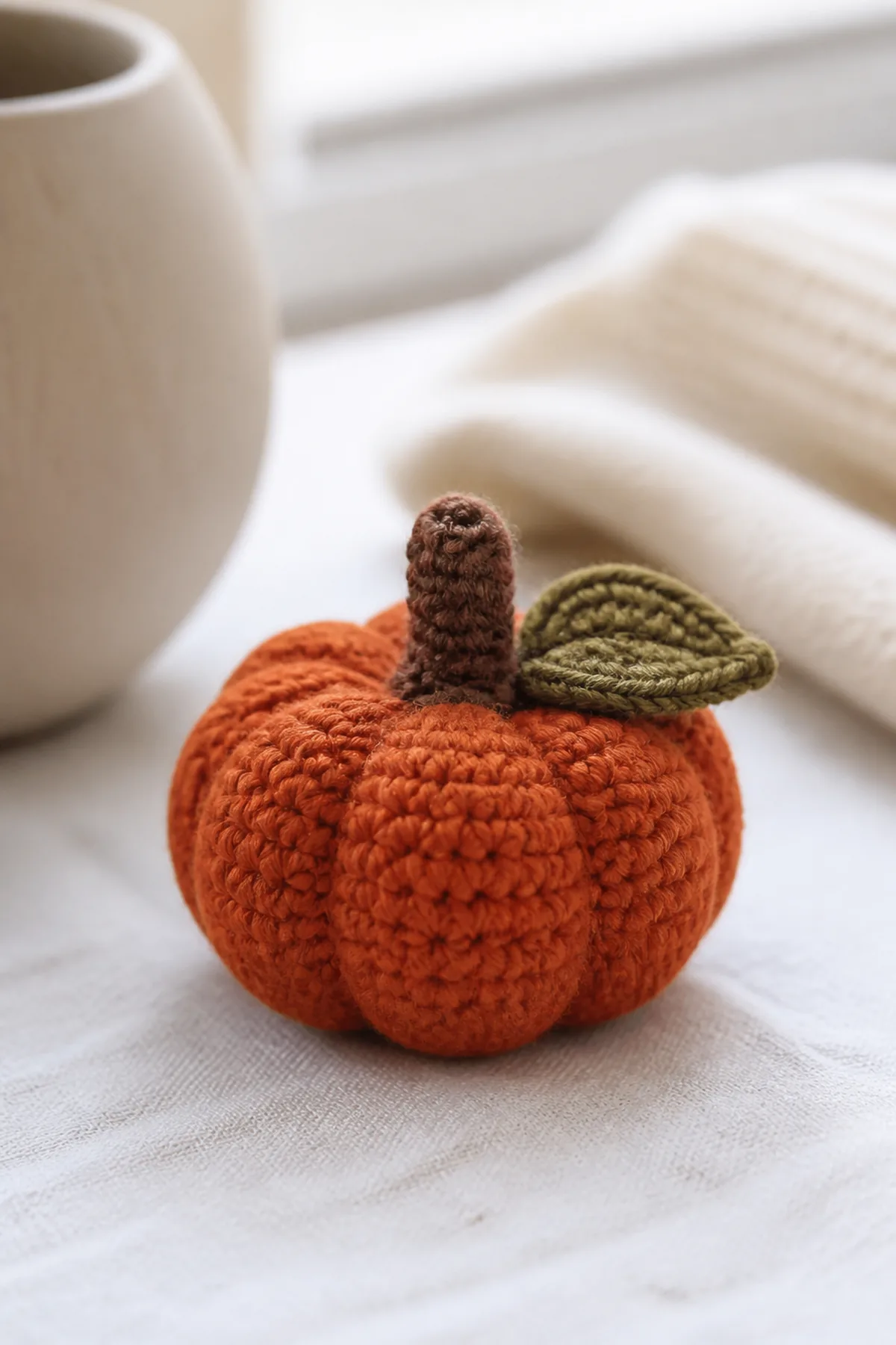 Completed crochet pumpkin amigurumi styled in a clean finished setting