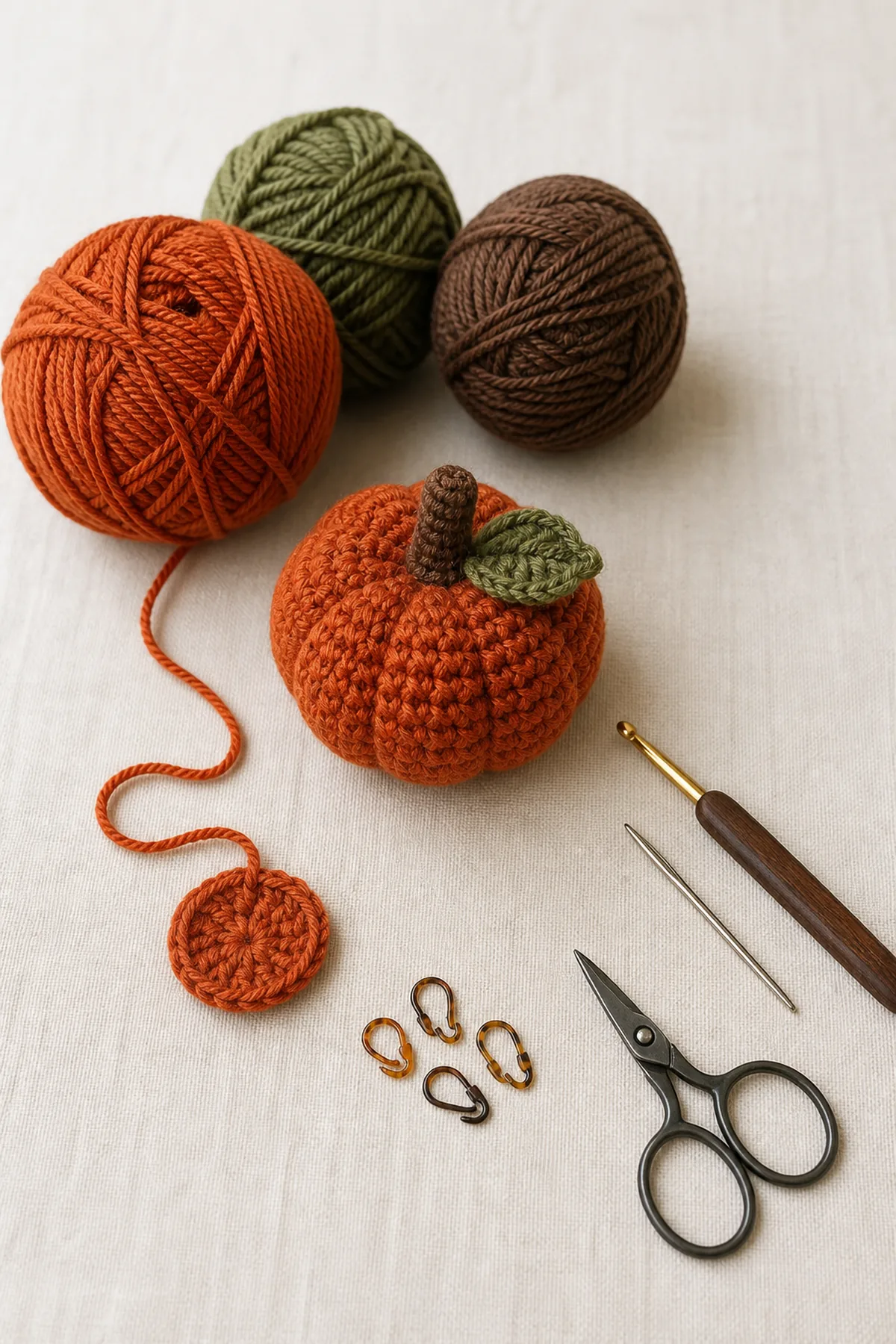 Yarn, crochet hook, and notions arranged for the crochet pumpkin amigurumi