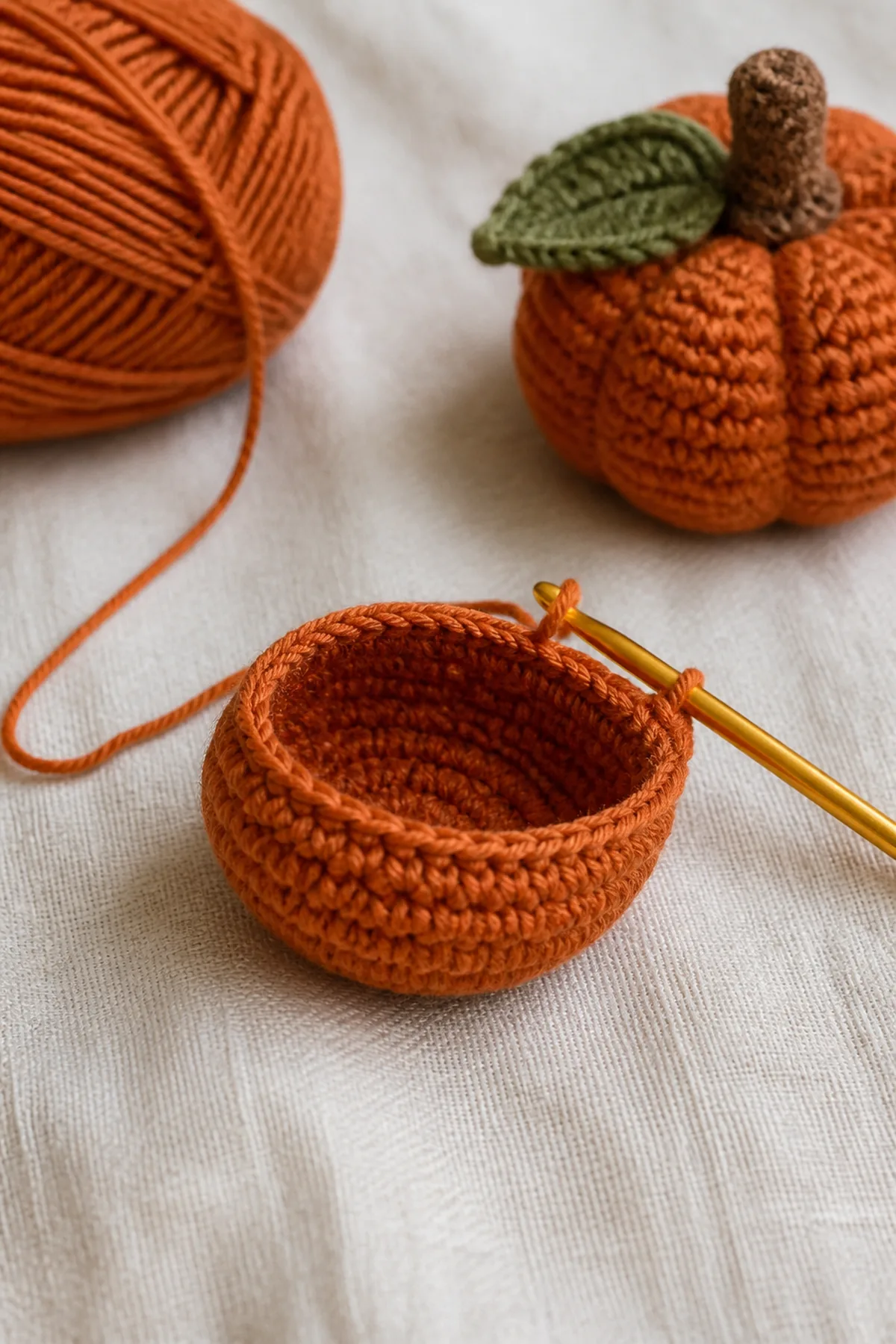 Early crochet construction stage of the crochet pumpkin amigurumi