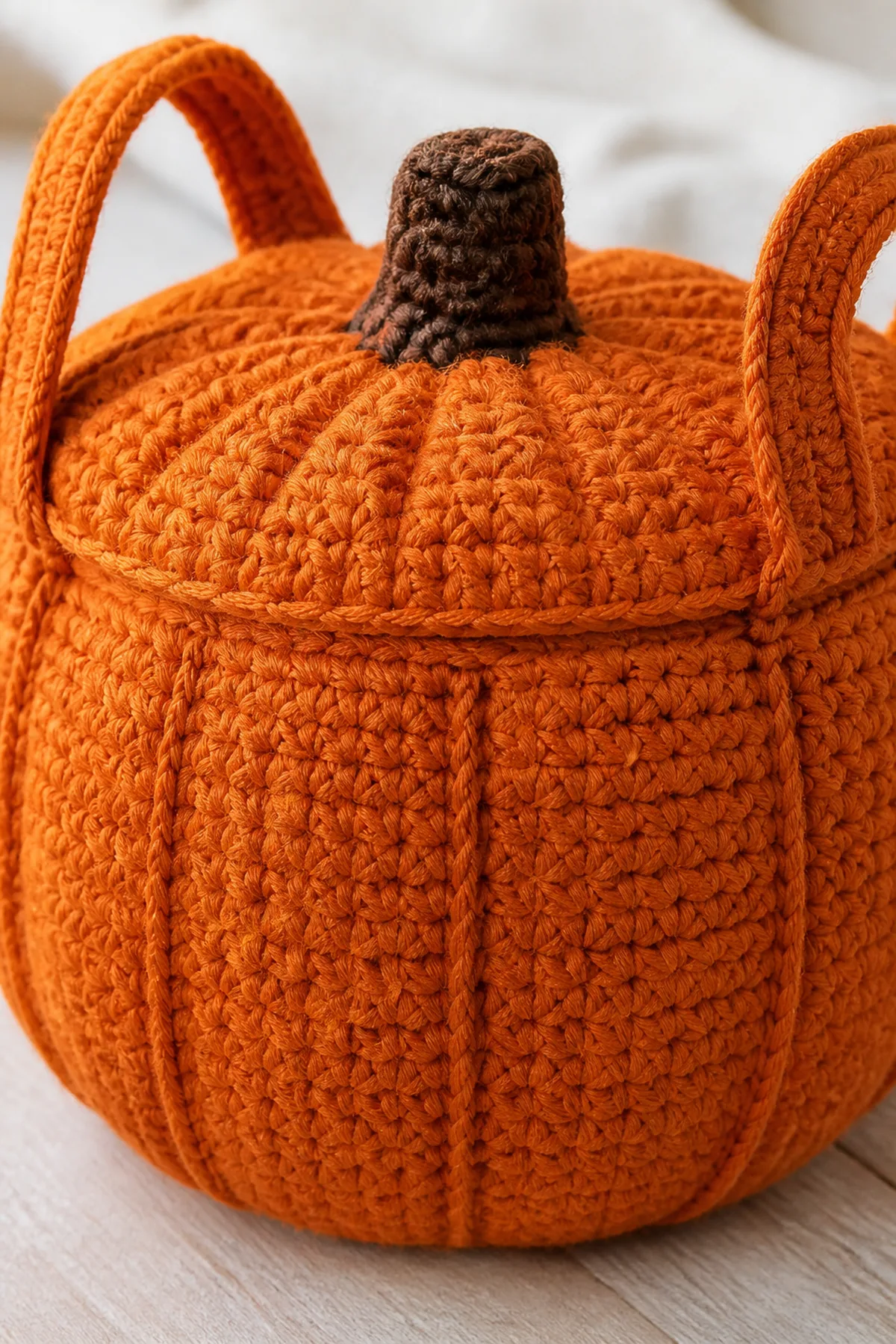 Close view of the stitches and finishing details on the crochet pumpkin basket