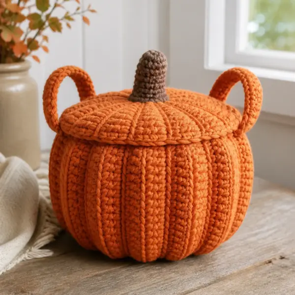 Finished structured burnt-orange pumpkin basket with raised ribs, two short handles, and a brown stem-like lid pull photographed in natural daylight