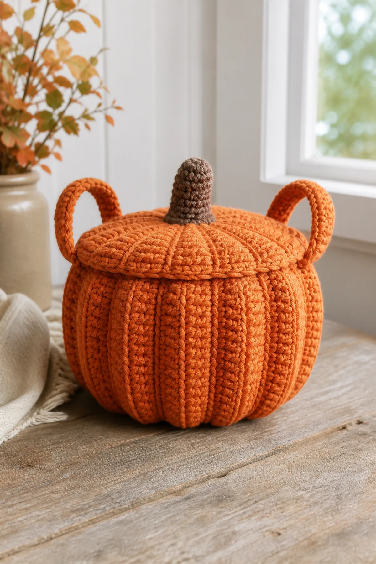 Finished structured burnt-orange pumpkin basket with raised ribs, two short handles, and a brown stem-like lid pull photographed in natural daylight