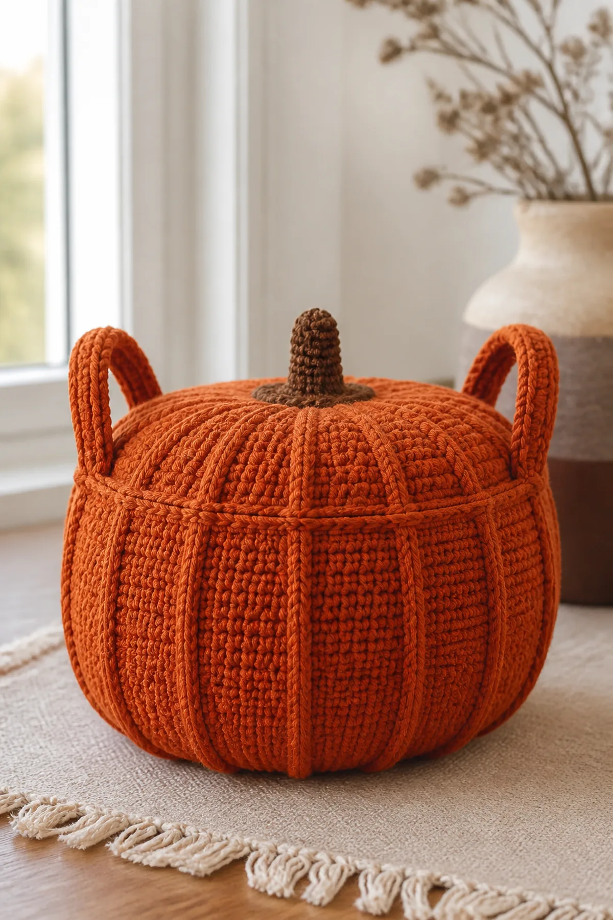 Completed crochet pumpkin basket styled in a clean finished setting