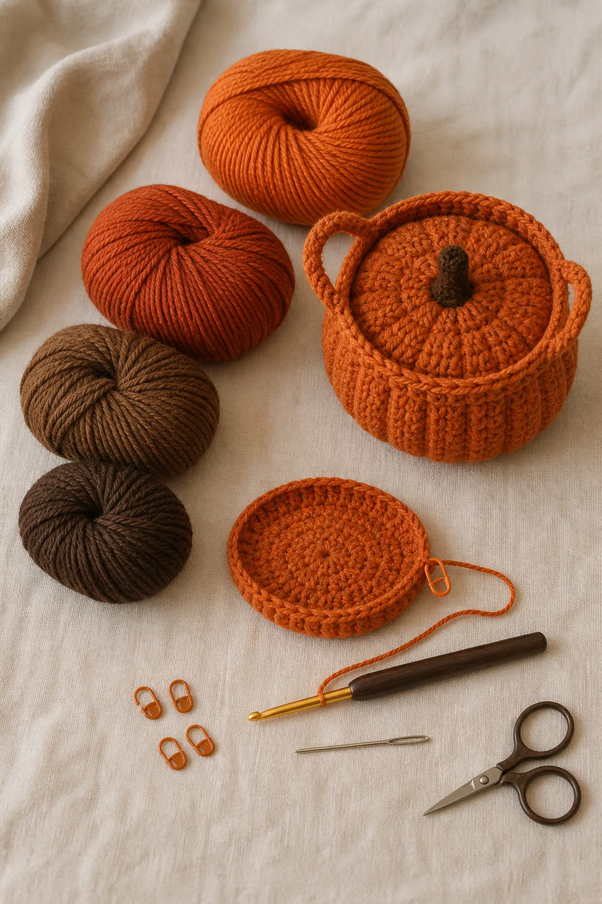 Yarn, crochet hook, and notions arranged for the crochet pumpkin basket