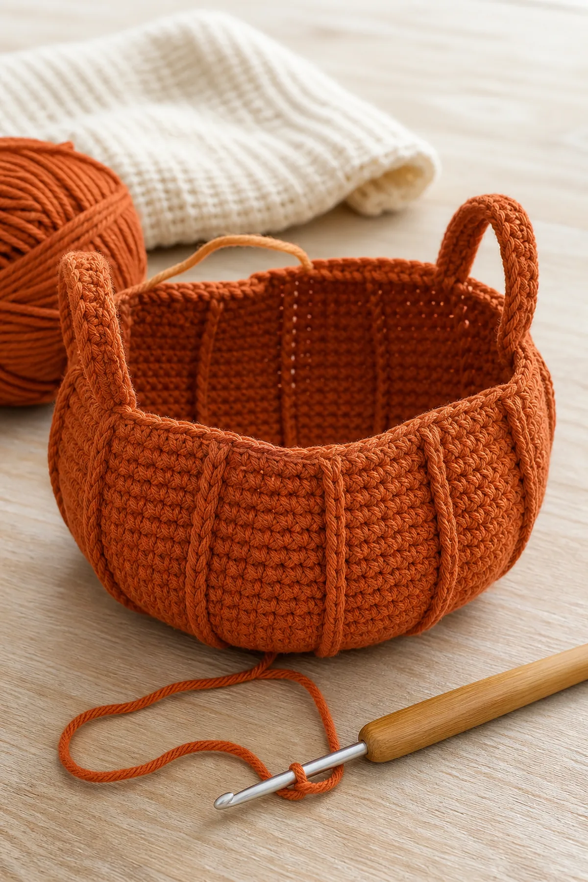 Early crochet construction stage of the crochet pumpkin basket